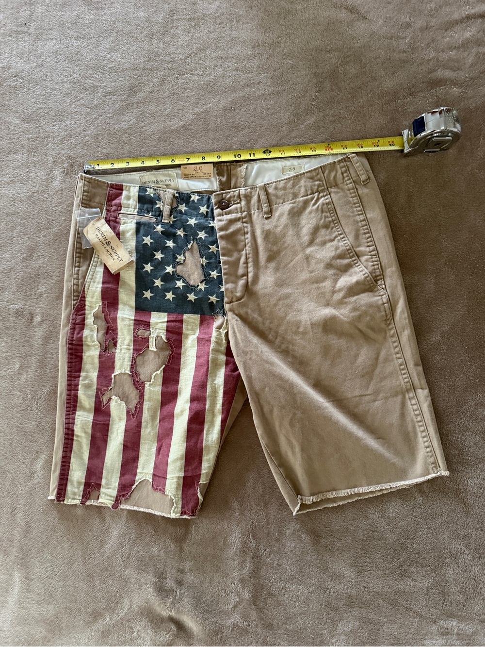 Ralph Lauren Denim & Supply 2 Tone Khaki Shorts w/Distressed American Flag Panel - Picture 2 of 10